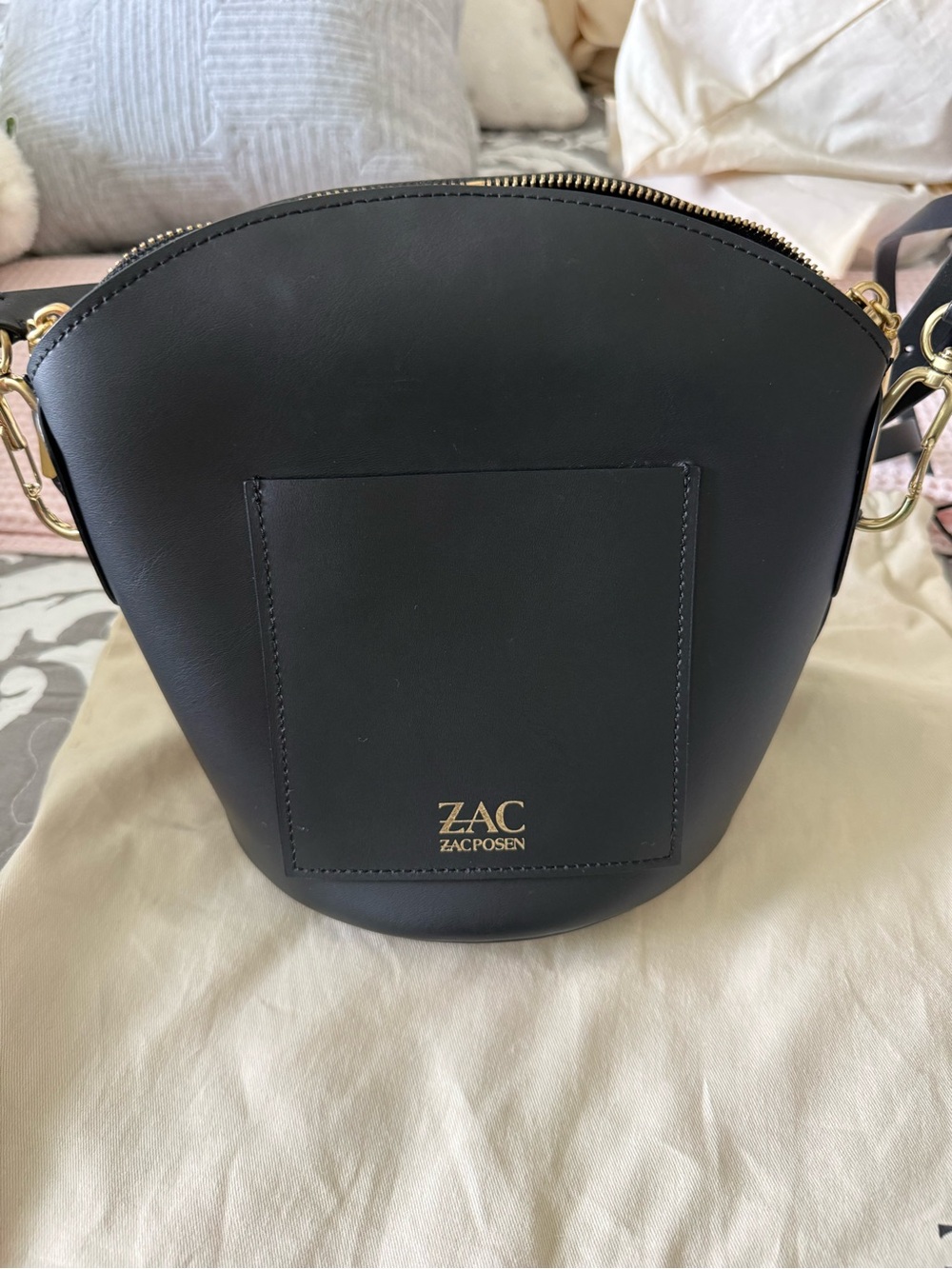 ZAC Zac Posen Belay Black Leather Bucket Crossbody with Gold Hardware